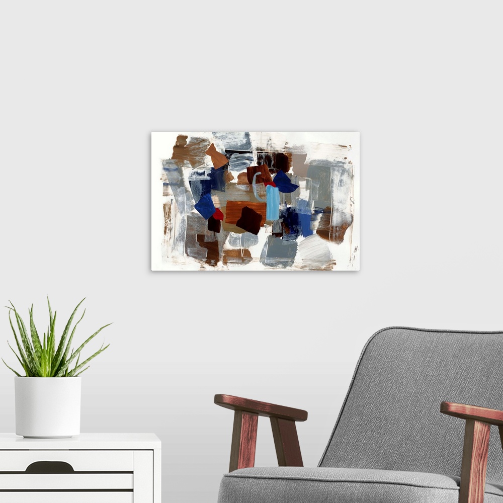A modern room featuring Horizontal contemporary painting of square shapes in natural colors.