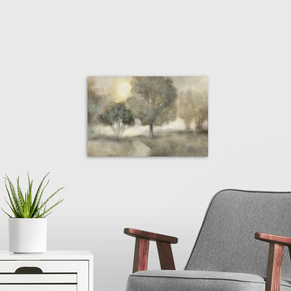 A modern room featuring Vertical contemporary painting of a landscape in natural earth tone colors.