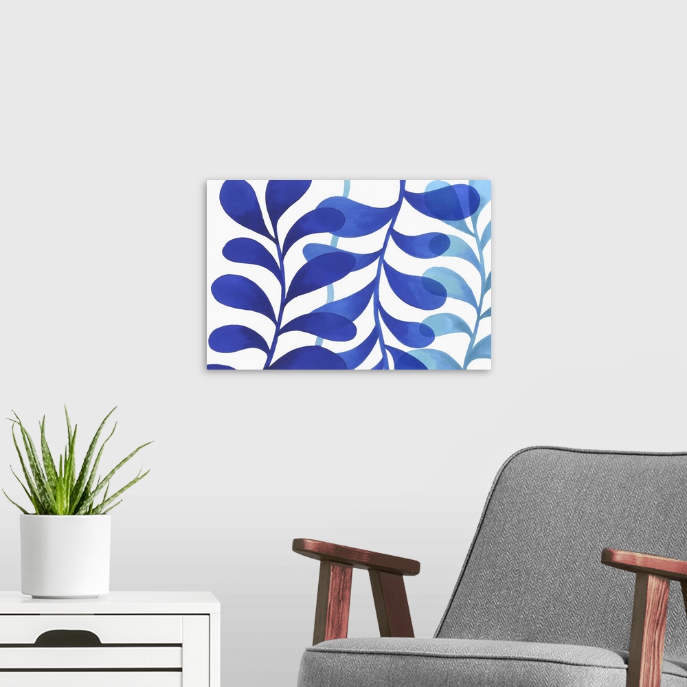 A modern room featuring A modern painting of three branches of leaves in different shades of blue on a white backdrop.