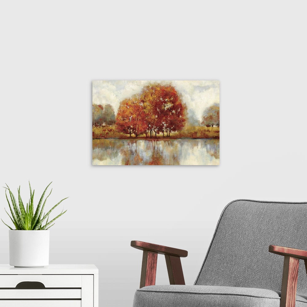A modern room featuring Contemporary painting of a countryside forest scene in autumn foliage.