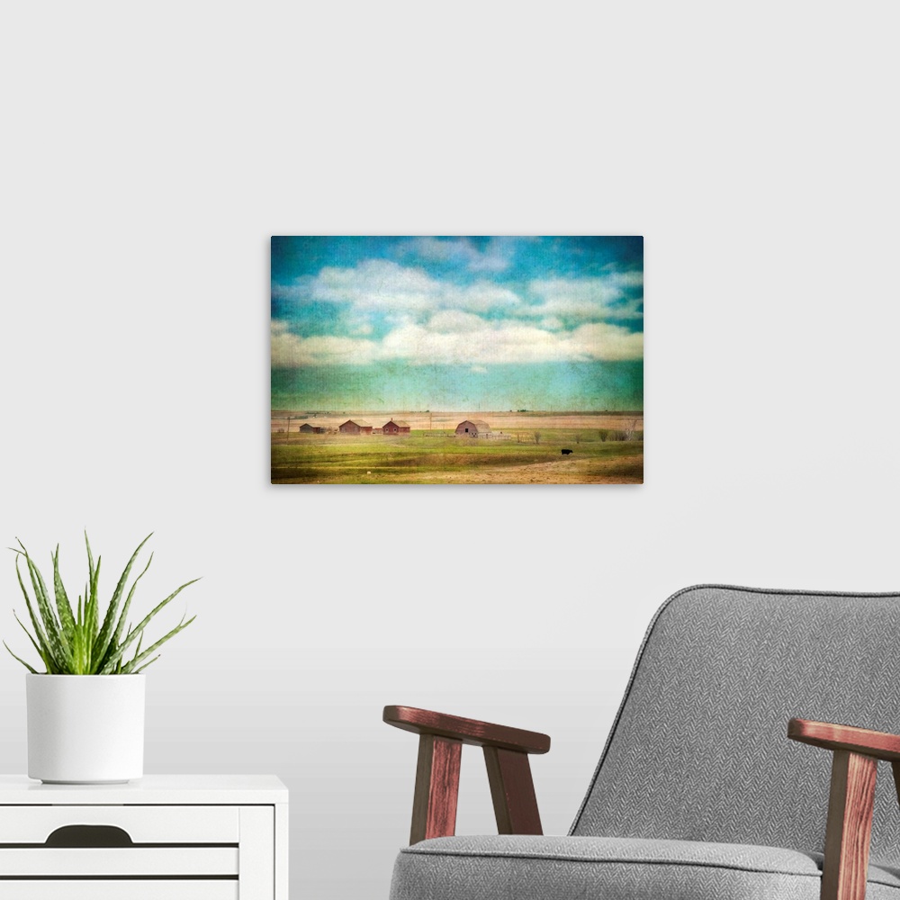 A modern room featuring A lone cow and barns on a prairie farm.