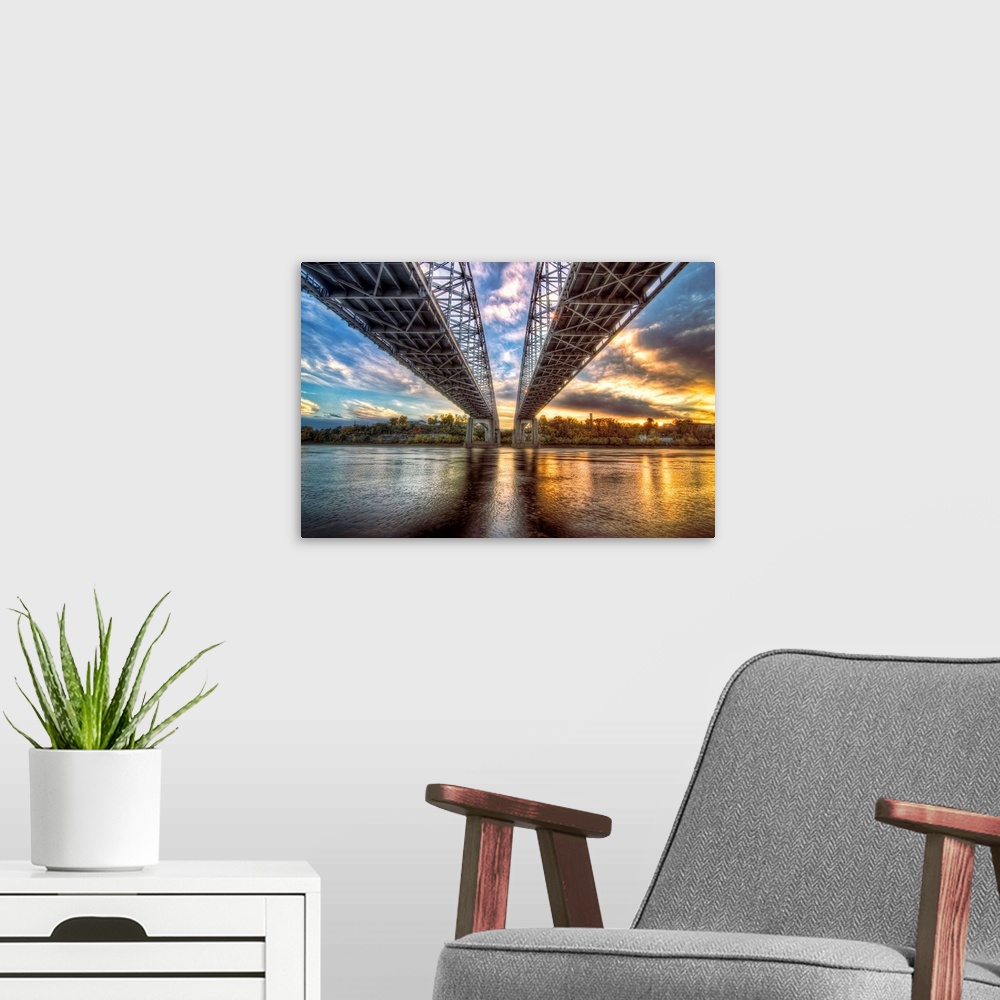 A modern room featuring Twin Bridges across the Missouri River in Jefferson City, Missouri.