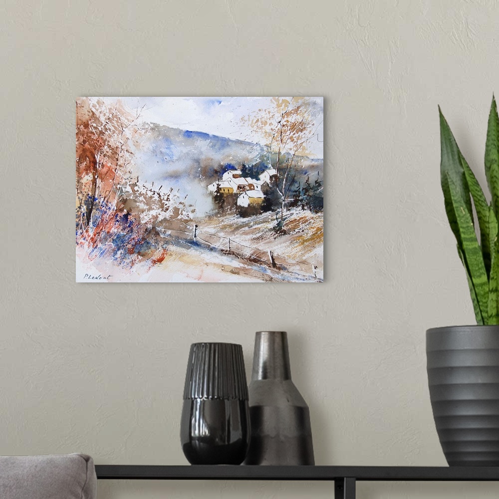 A modern room featuring A horizontal watercolor landscape of a farm with muted speckled colors of brown, orange and blue.