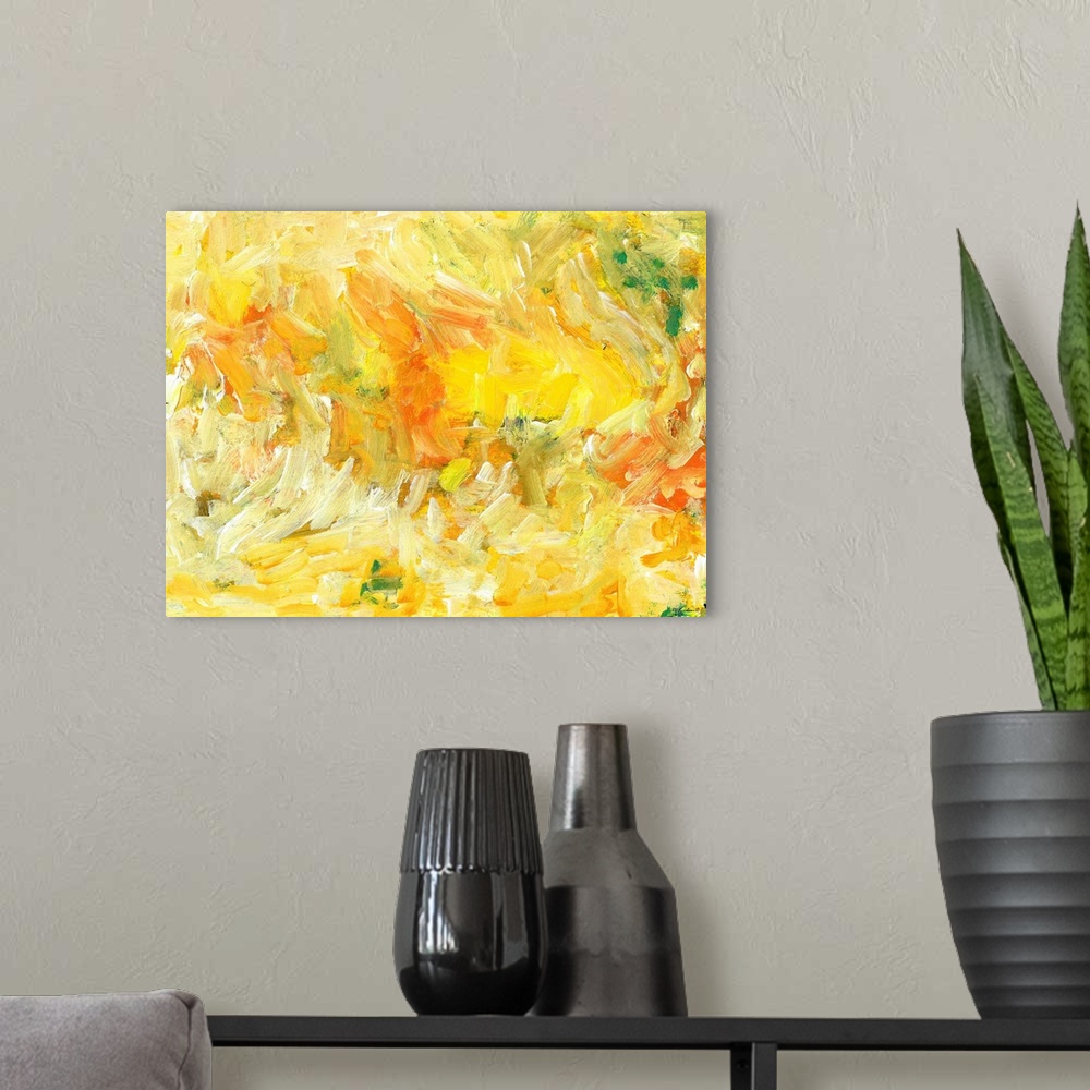 A modern room featuring Golden State abstract painting in yellows oranges with green and cream colors.