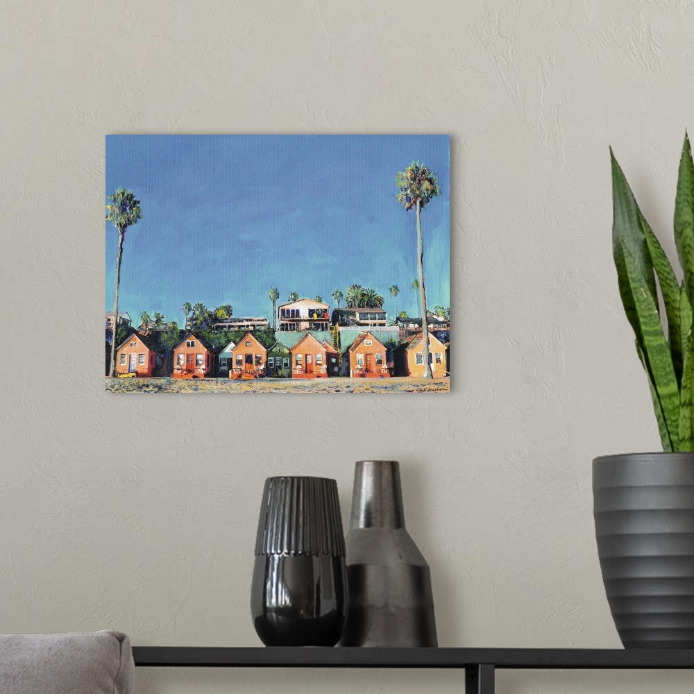 A modern room featuring Contemporary painting of a row of beach cottages with palm trees.
