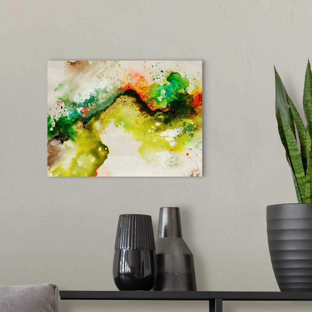 A modern room featuring Abstract painting of a fluid green line over a neutral background adorned with multi-color paint ...