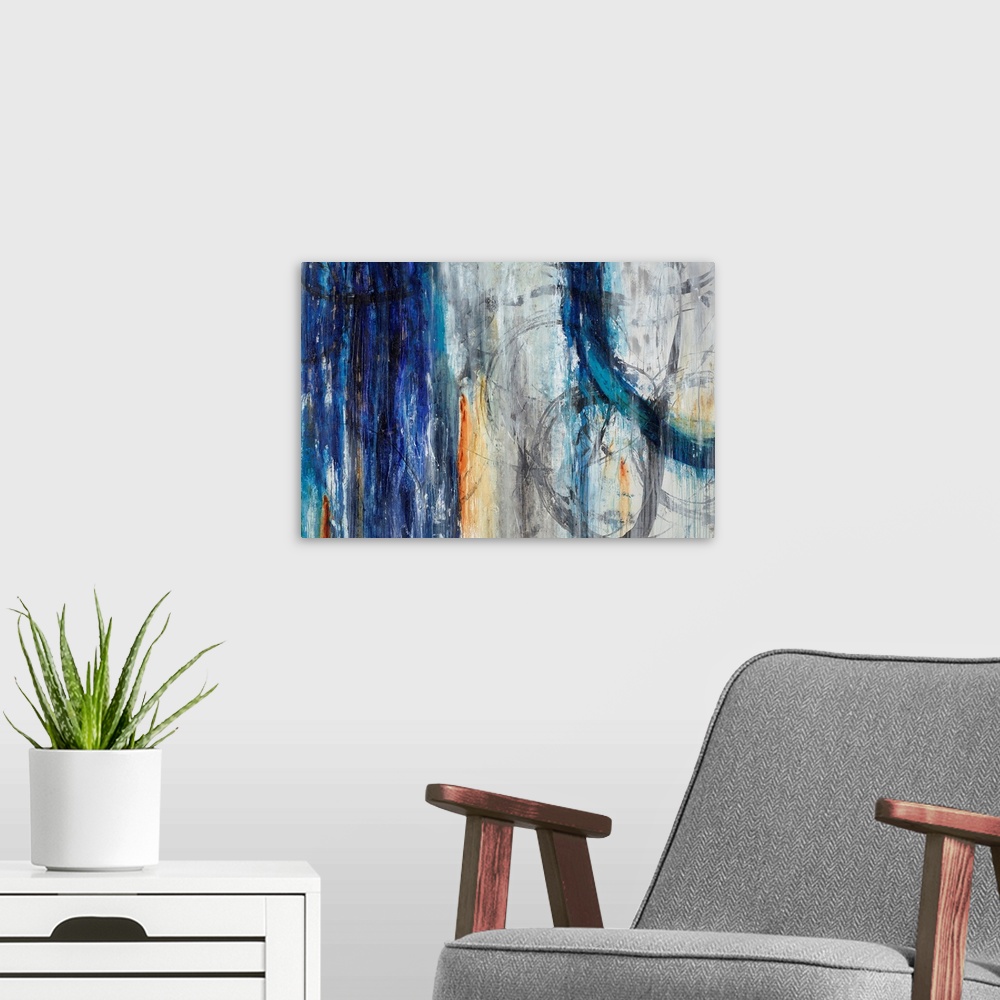 A modern room featuring Abstract artwork painted with muted grays and darker blue tones.