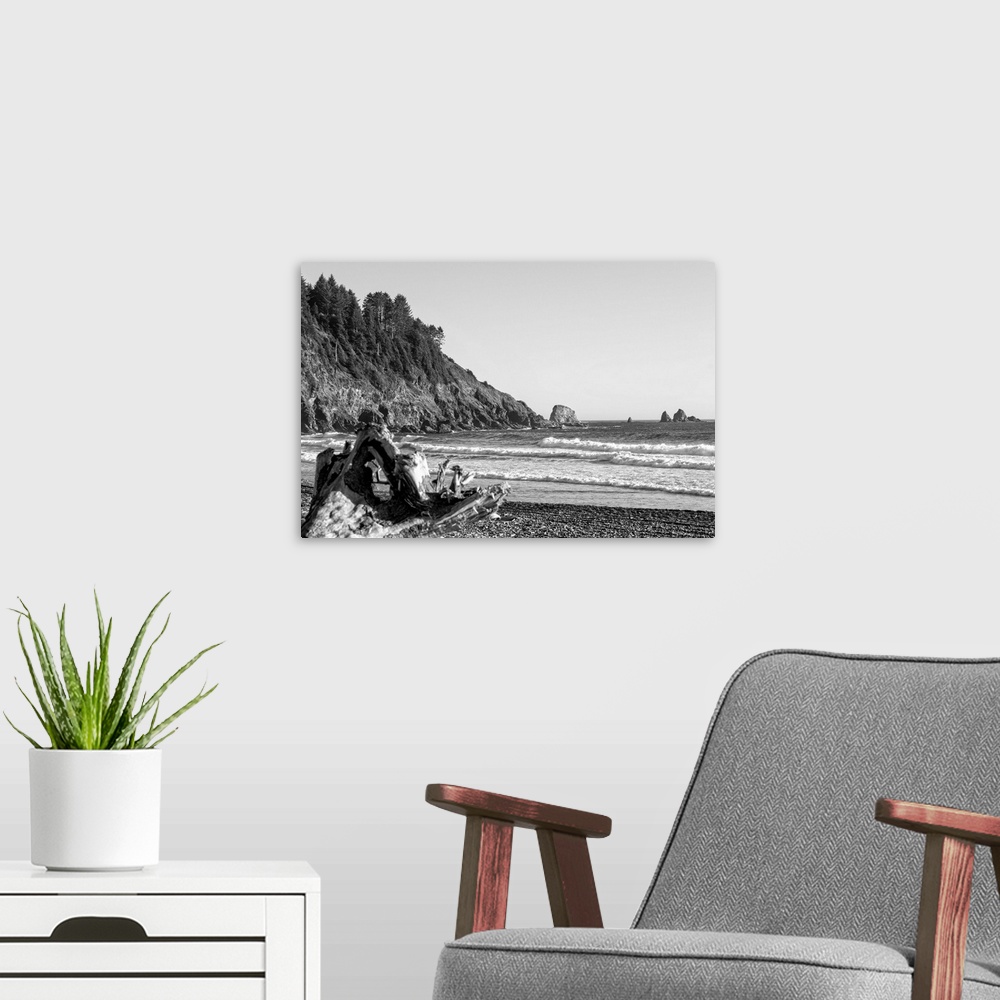 A modern room featuring Black and white photograph of the shore at La Push Beach in Washington.