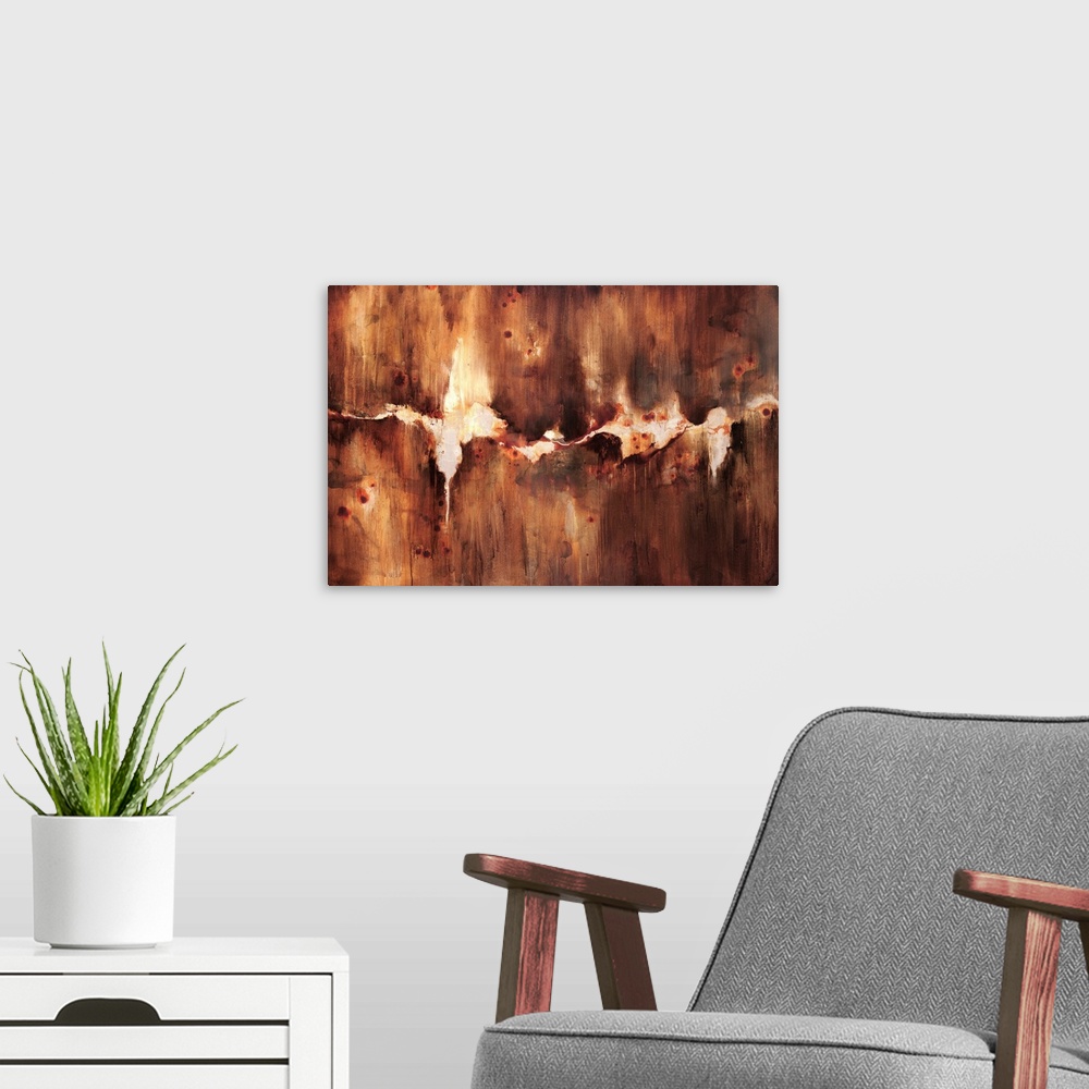 A modern room featuring Abstract artwork that is rust colored with a crack through the middle with an off white backgroun...