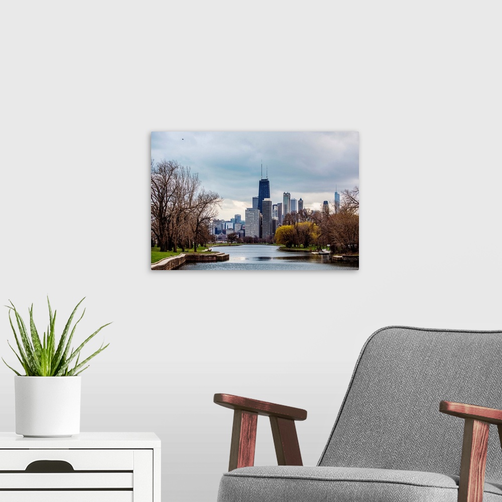 A modern room featuring View of Chicago Skyline from South Lagoon.