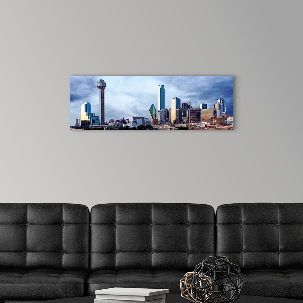 A modern room featuring A horizontal image of the city of Dallas, Texas.