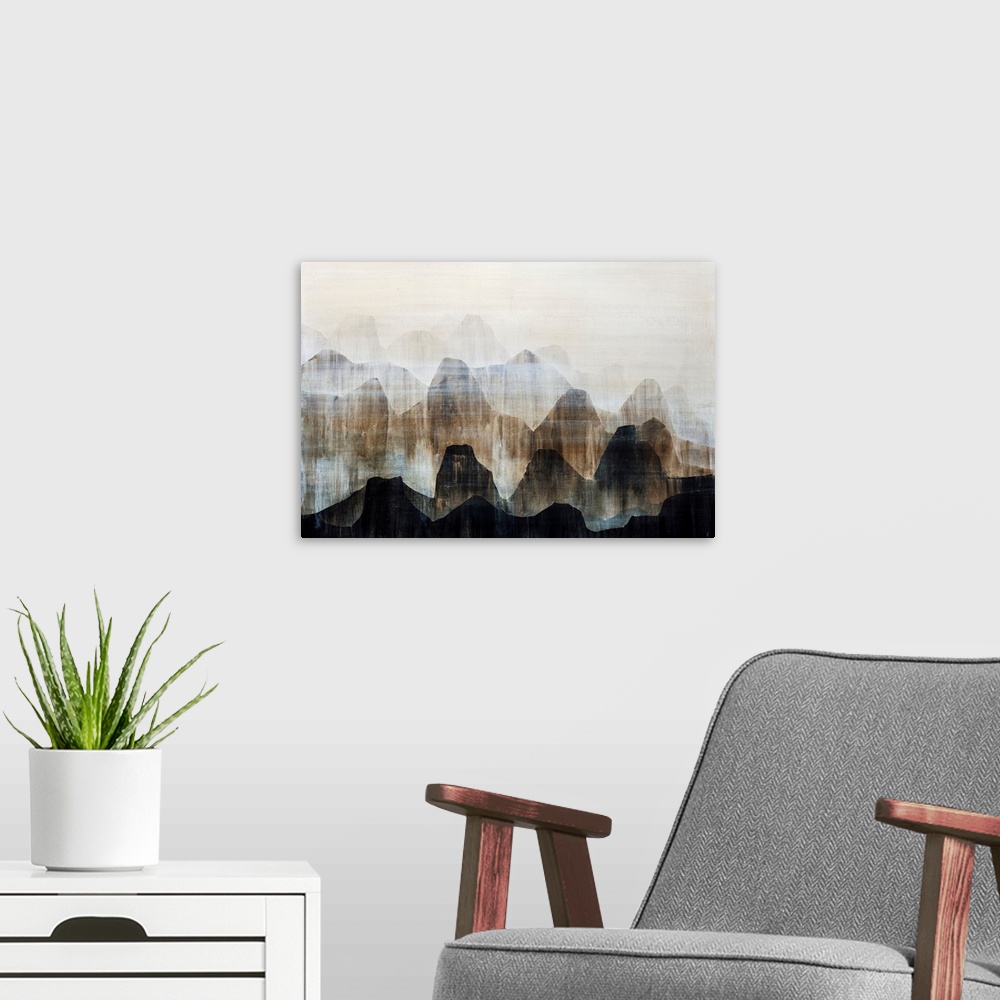 A modern room featuring Contemporary artwork of a mountain range painted in various earth-tones.