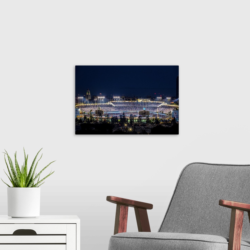 A modern room featuring Photograph of Dodger Stadium lit up on a game night.