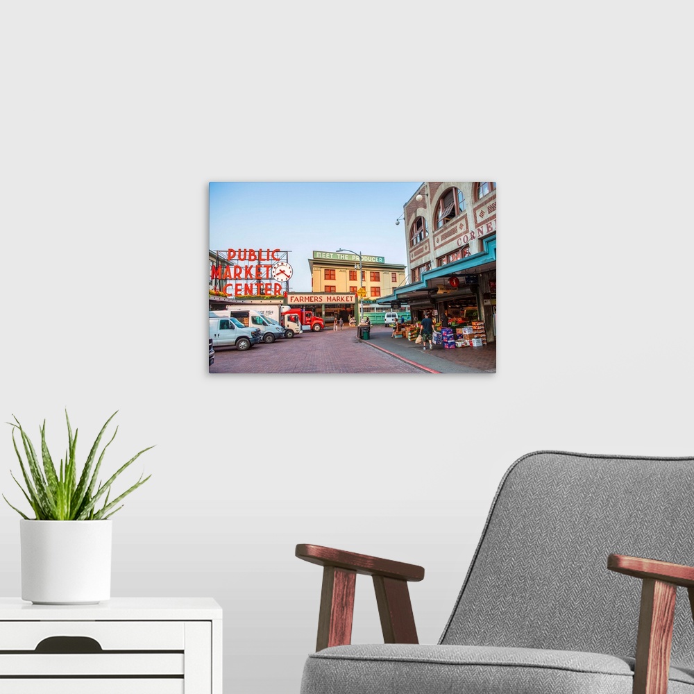 A modern room featuring Streetview of the farmers market in downtown Seattle, Washington.