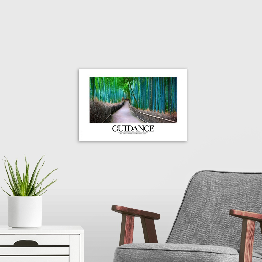 A modern room featuring Big inspirational canvas of a bamboo forest with a pathway going through it and a saying about gu...