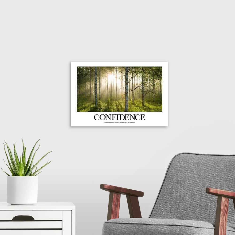 A modern room featuring Wall art of a forest with sun shining through past leaves and tree trunks with the text: "Confide...