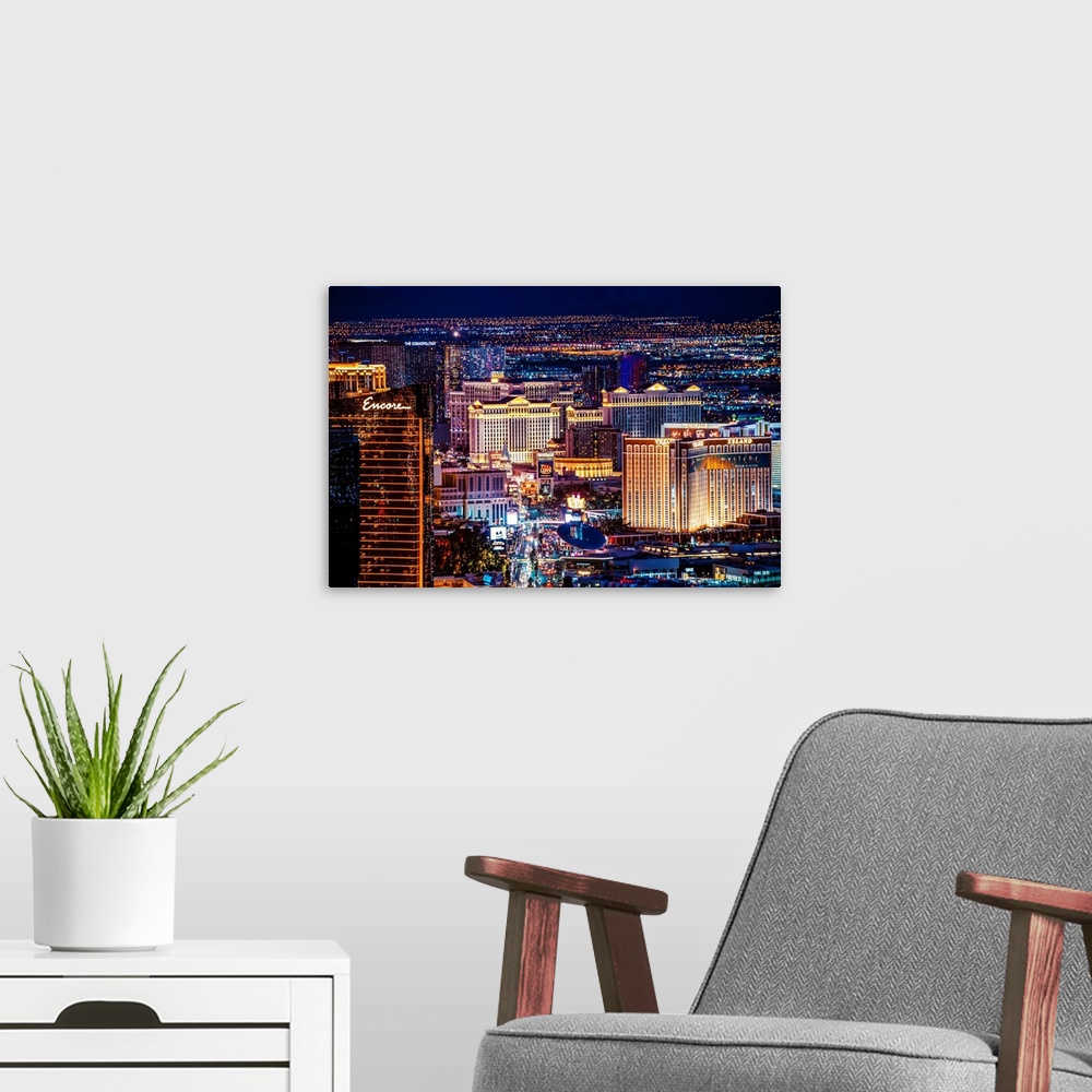 A modern room featuring View of hotels and casinos near Las Vegas strip in Nevada at night.