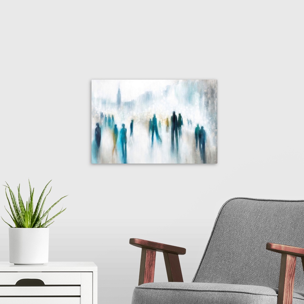 A modern room featuring Contemporary abstract painting of elongated, silhouetted figures with cityscape in background.