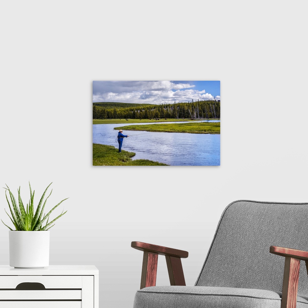 Yellowstone Fishing | Large Solid-Faced Canvas Wall Art Print | Great Big Canvas
