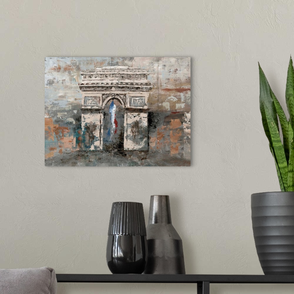 A modern room featuring Contemporary painting of the Arc de Triomphe in Paris, in subdue tones, with a distressed appeara...