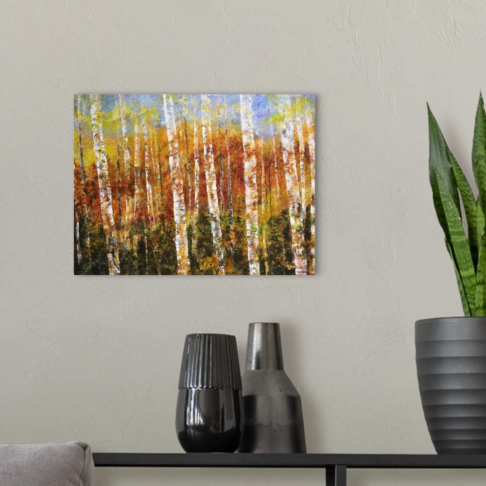 A modern room featuring Contemporary painting of a forest of aspen trees surrounded by autumn colors.