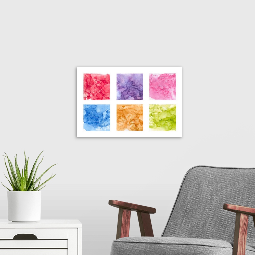 A modern room featuring A decorative design of multi-colored squares in bright watercolors on a white background.
