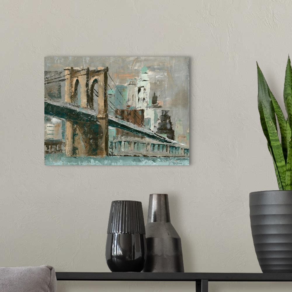 A modern room featuring Contemporary painting of the Brooklyn Bridge in muted tones of brown and teal.