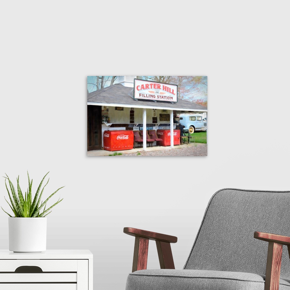 A modern room featuring Image of a vintage gas filling station with an antique car in the background with a textured over...