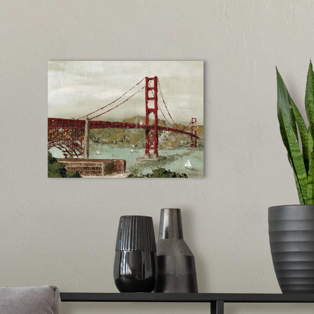 A modern room featuring Contemporary painting of the Golden Gate Bridge in textured, subdue tones.