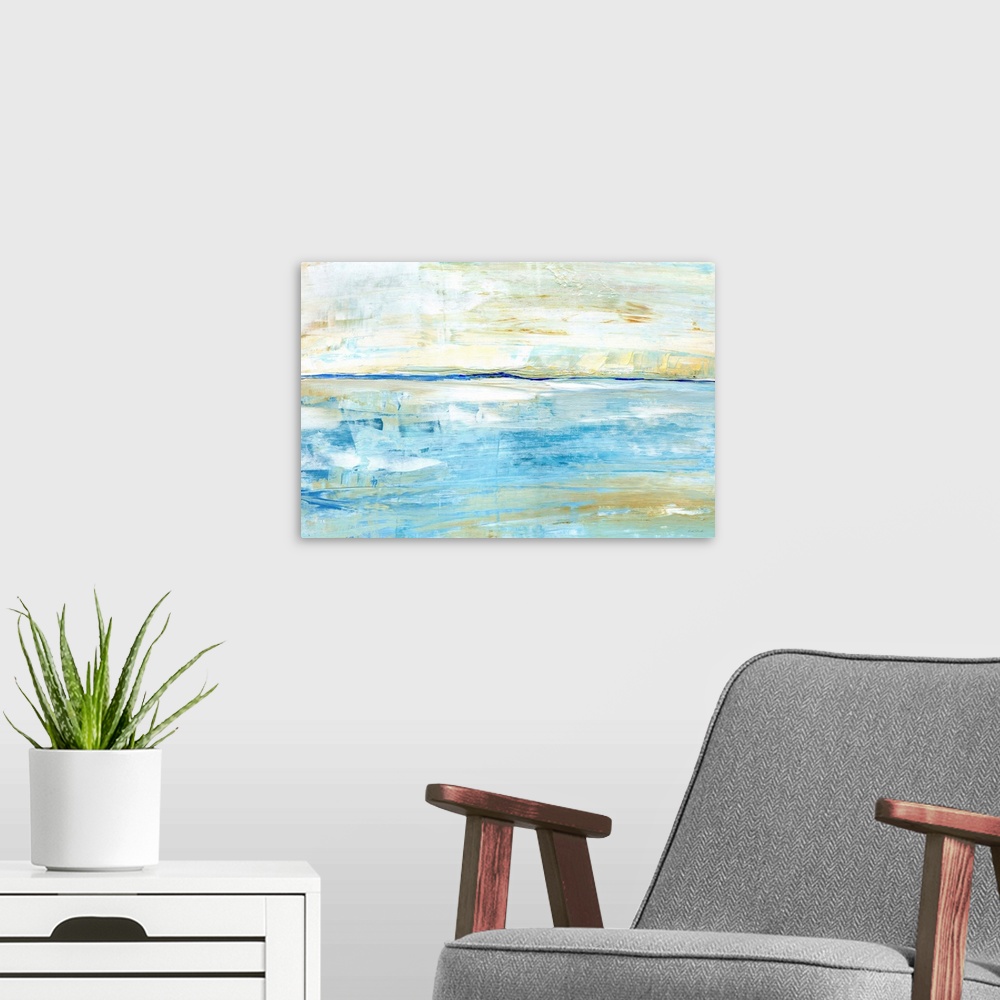 A modern room featuring Horizontal abstract painting of a seascape horizon in shades of blue and beige.