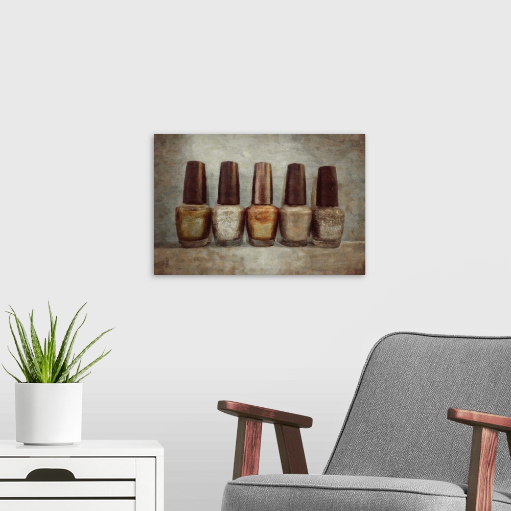 A modern room featuring Contemporary painting of a row of metallic colored nail polish bottles on a neutral backdrop.