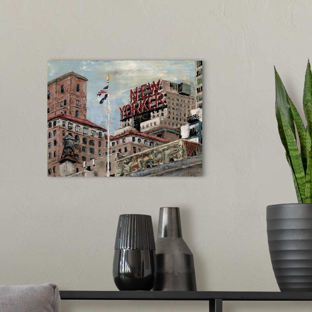 A modern room featuring A contemporary painting of a New York street scene of layered skyscrapers and a flag pole.