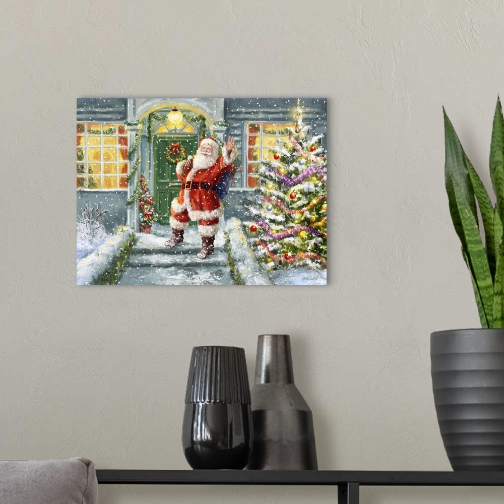 A modern room featuring A traditional image of Santa waving at the front door of a house decorated for the holidays while...