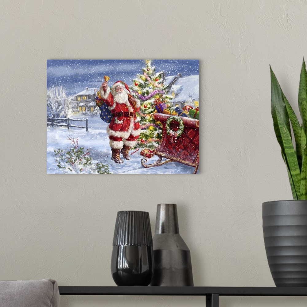 A modern room featuring A traditional image of Santa, ringing a bell, beside his sleigh in a neighborhood while snow is f...