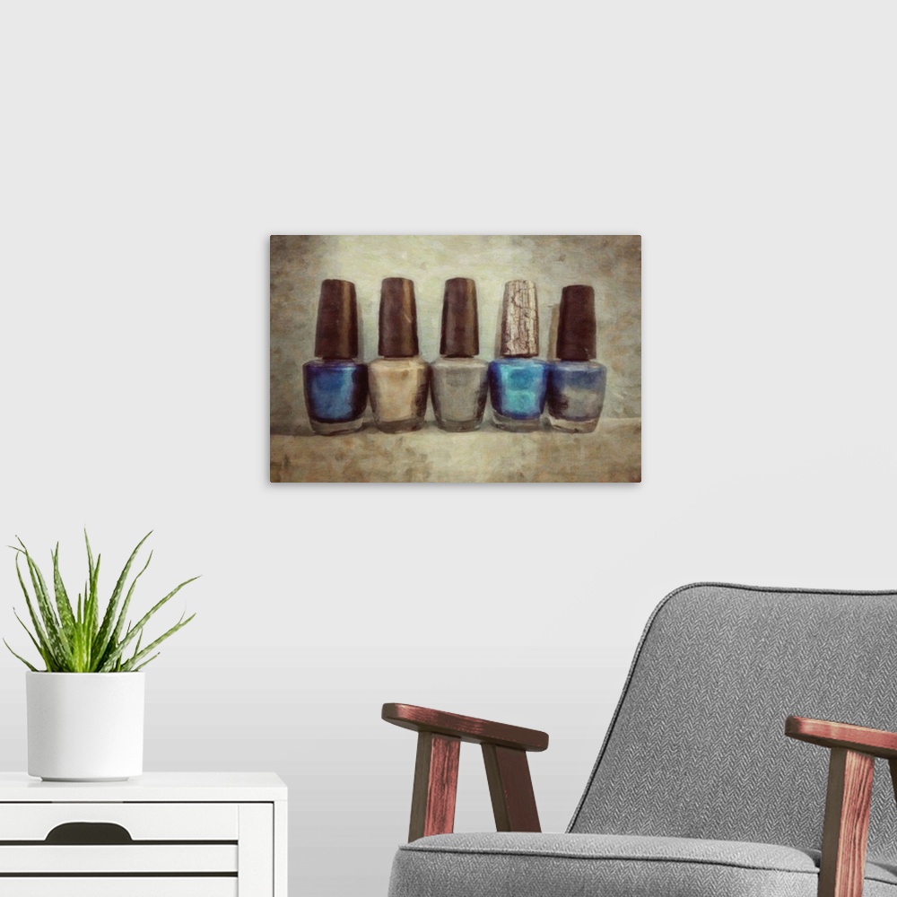 A modern room featuring Contemporary painting of a row of blue nail polish bottles on a neutral backdrop.
