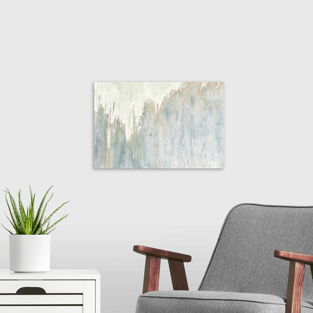 A modern room featuring Horizontal abstract painting in muted tones of blue, brown and gray.