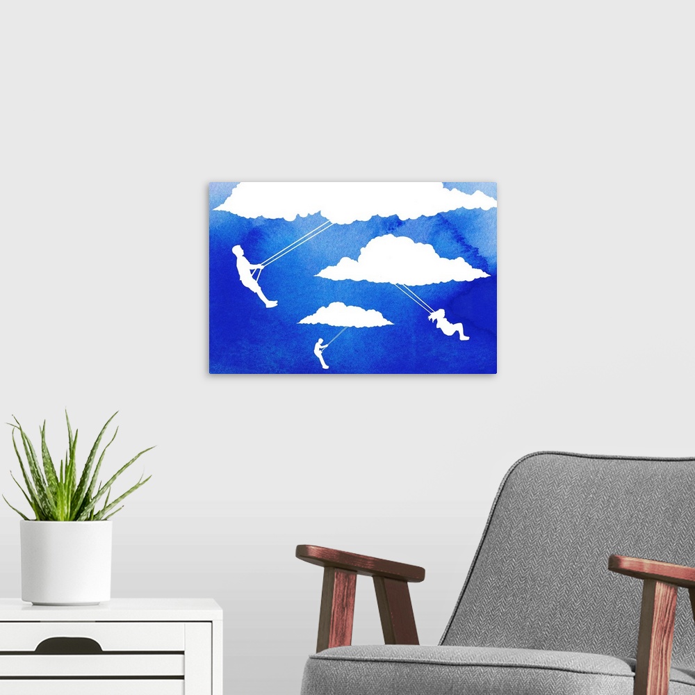 A modern room featuring Silhouettes of children on swings attached to clouds over a watercolor texture background.