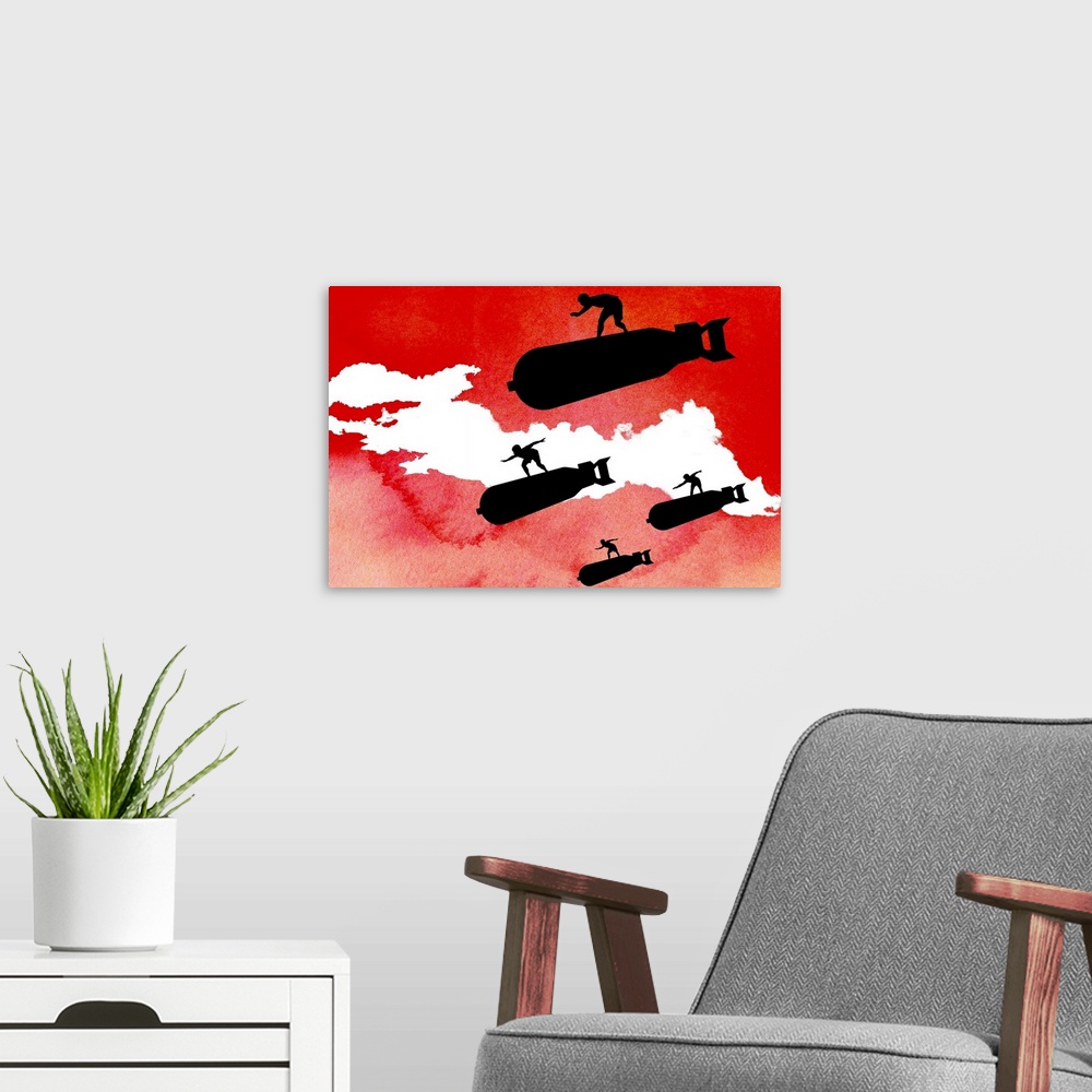 A modern room featuring Giant silhouetted illustration of men surfing on large bombs against a rough sky filled with vibr...