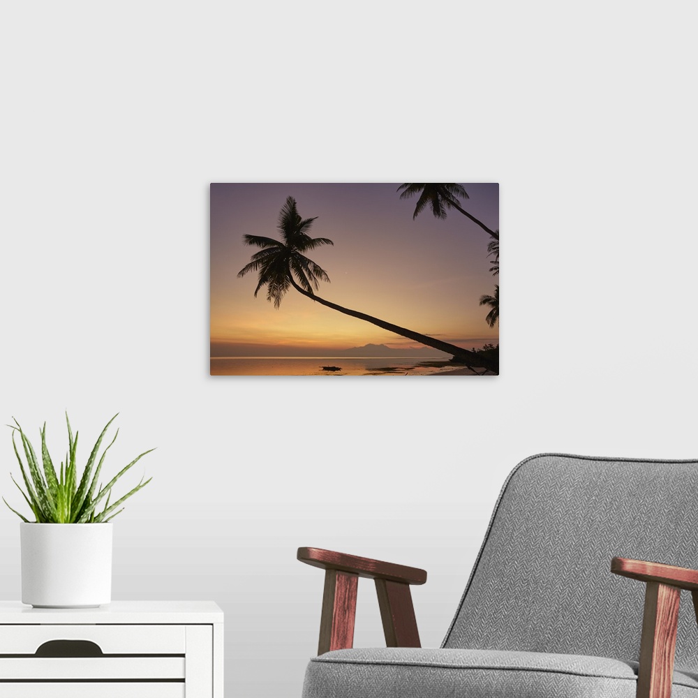 A modern room featuring A dusk silhouette of coconut palms at Paliton beach, Siquijor, Philippines, Southeast Asia, Asia