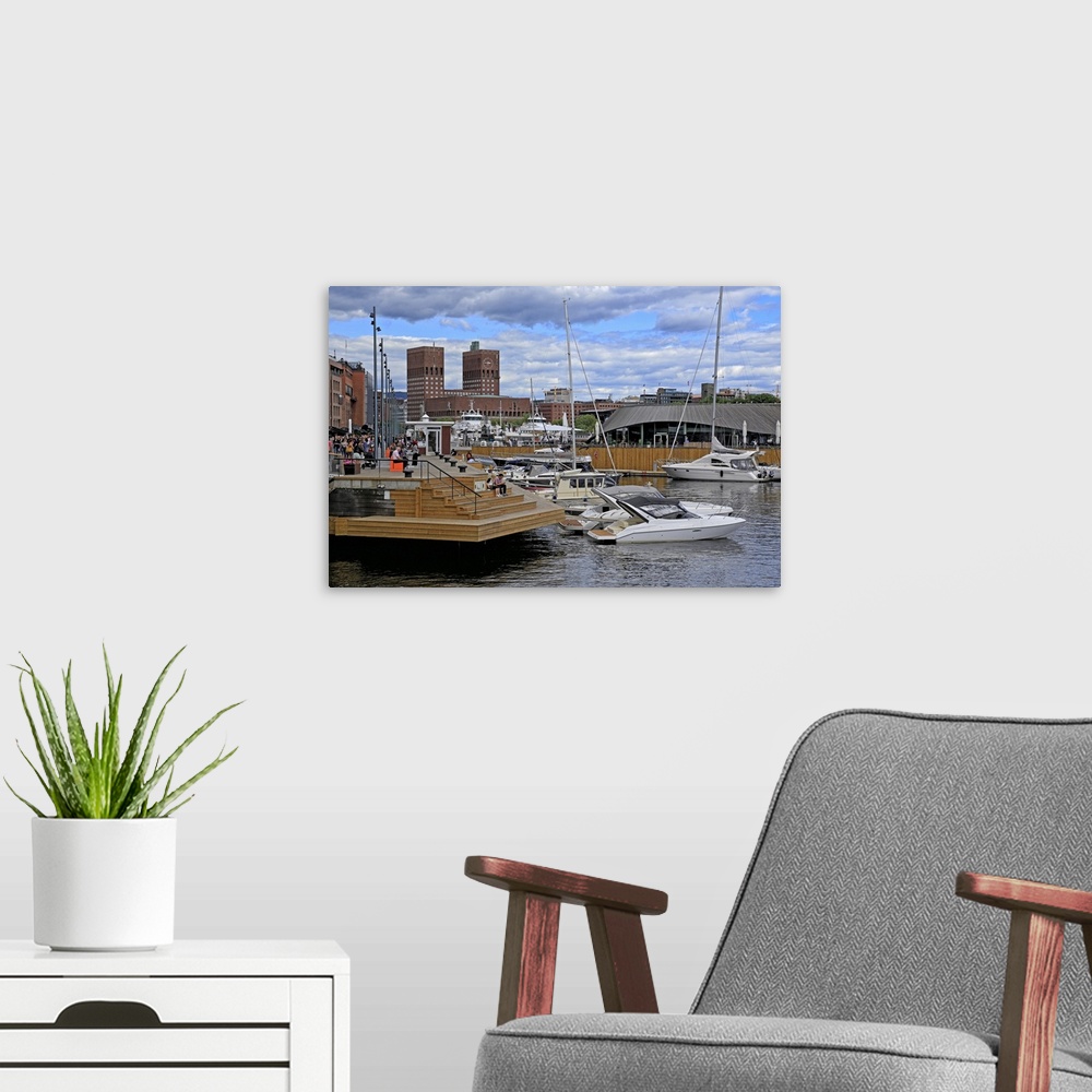 A modern room featuring Aker Brygge and City Hall, Oslo, Norway, Scandinavia