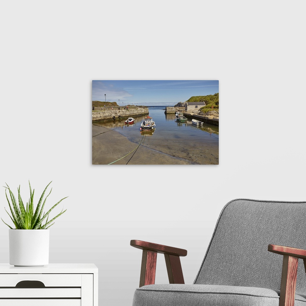 A modern room featuring Balintoy harbour, near Giant's Causeway, County Antrim, Ulster, Northern Ireland
