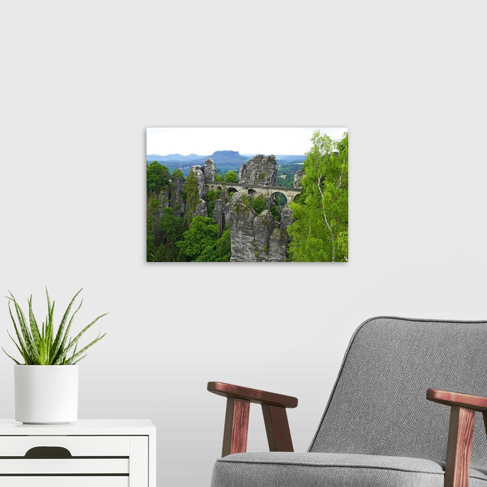 A modern room featuring Bastei Bridge on Bastei Rock Formation near Rathen, Saxon Switzerland, Saxony, Germany