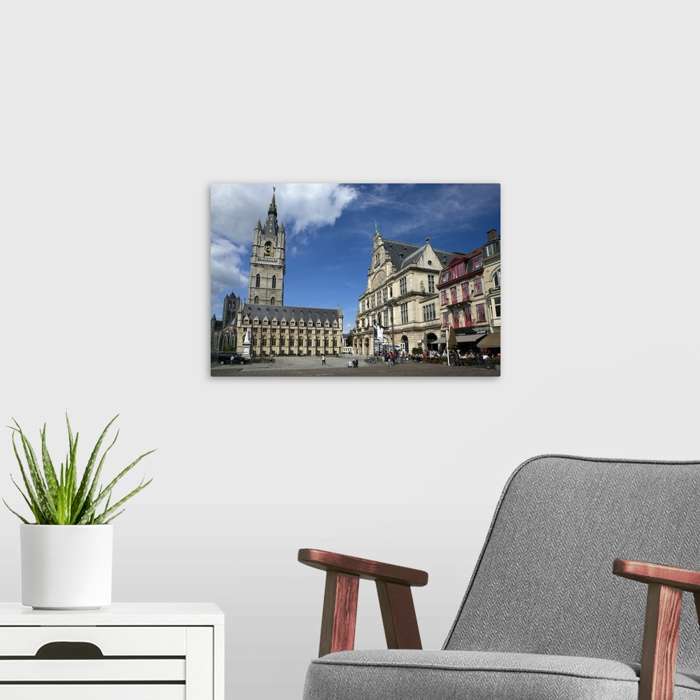 A modern room featuring Belfry Tower in Saint Bavo's square, city centre, Ghent, West Flanders, Belgium, Europe