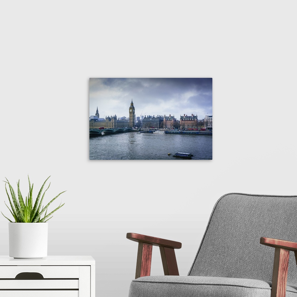 A modern room featuring Big Ben and Westminster Bridge on a winter's morning, London, England