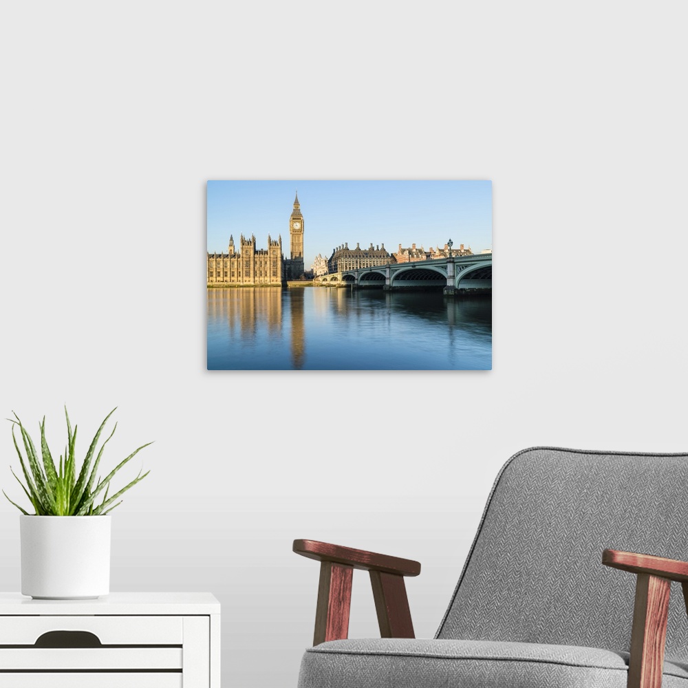 A modern room featuring Big Ben, the Palace of Westminster, and Westminster Bridge, London, England