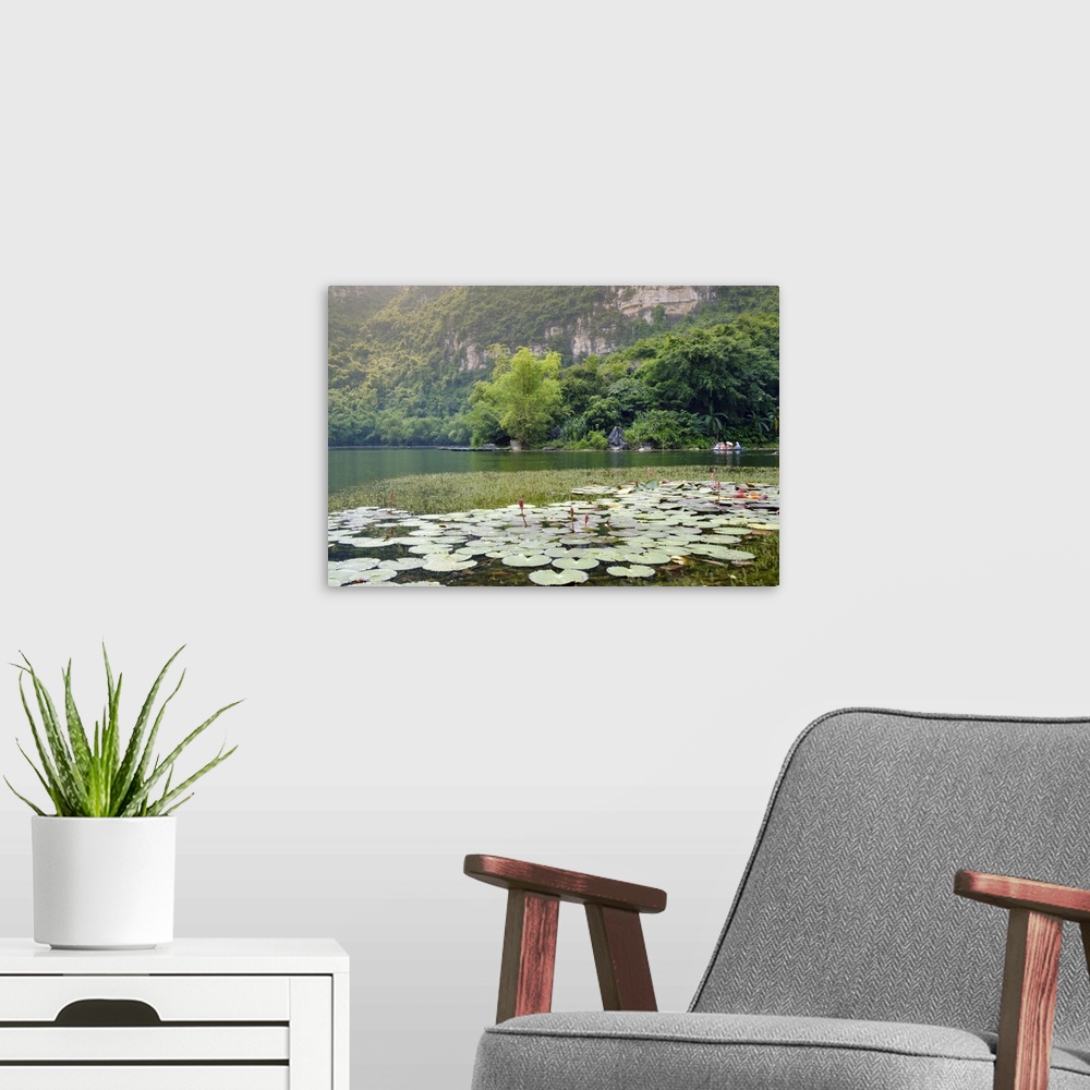 A modern room featuring Boats and waterlilies on a river in the karst landscapes of Tam Coc and Trang An in the Red River...