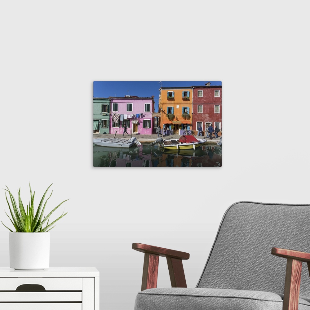 A modern room featuring Canal and colourful facade, Burano, Veneto, Italy, Europe