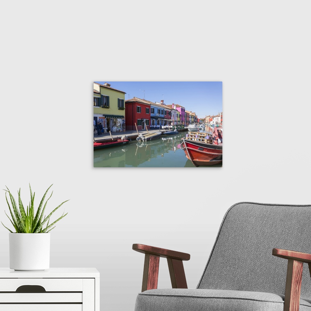 A modern room featuring Canal and colourful facades, Burano, Veneto, Italy, Europe