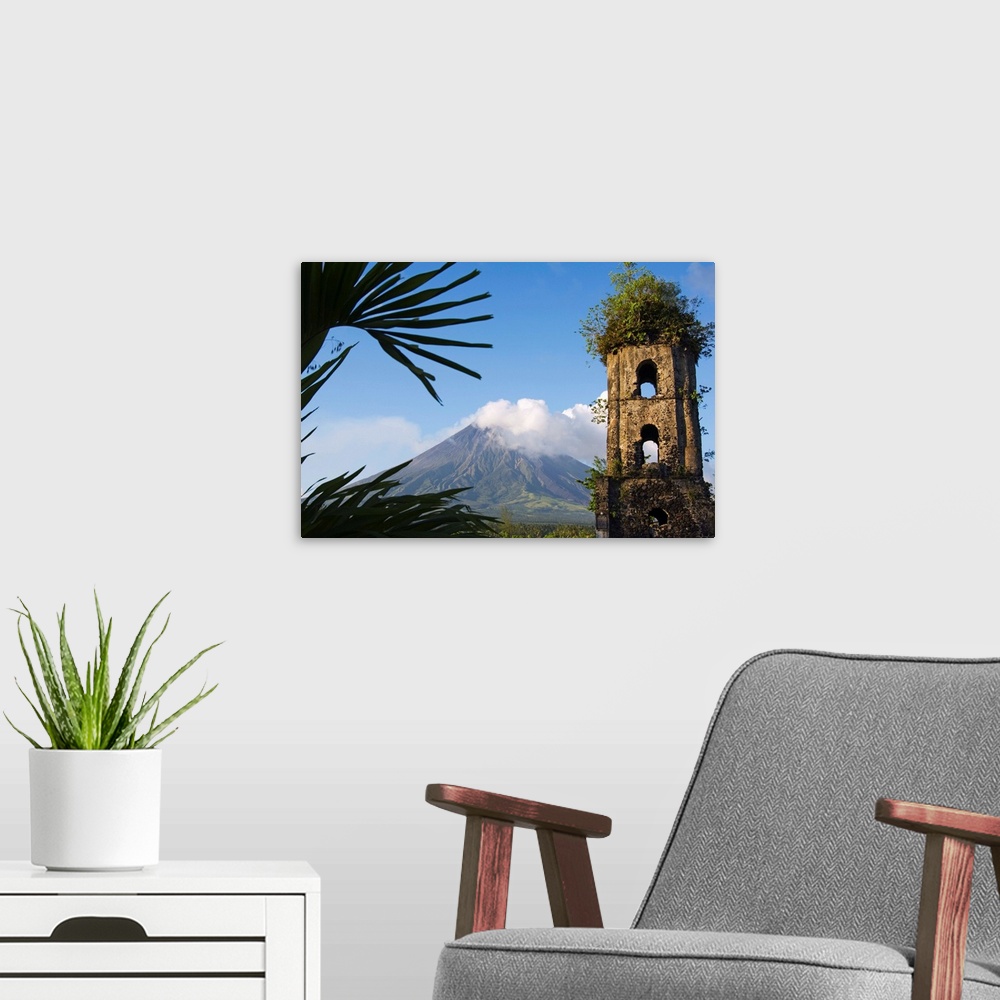 A modern room featuring Church belfry ruins and Mount Mayon, Luzon Island, Philippines
