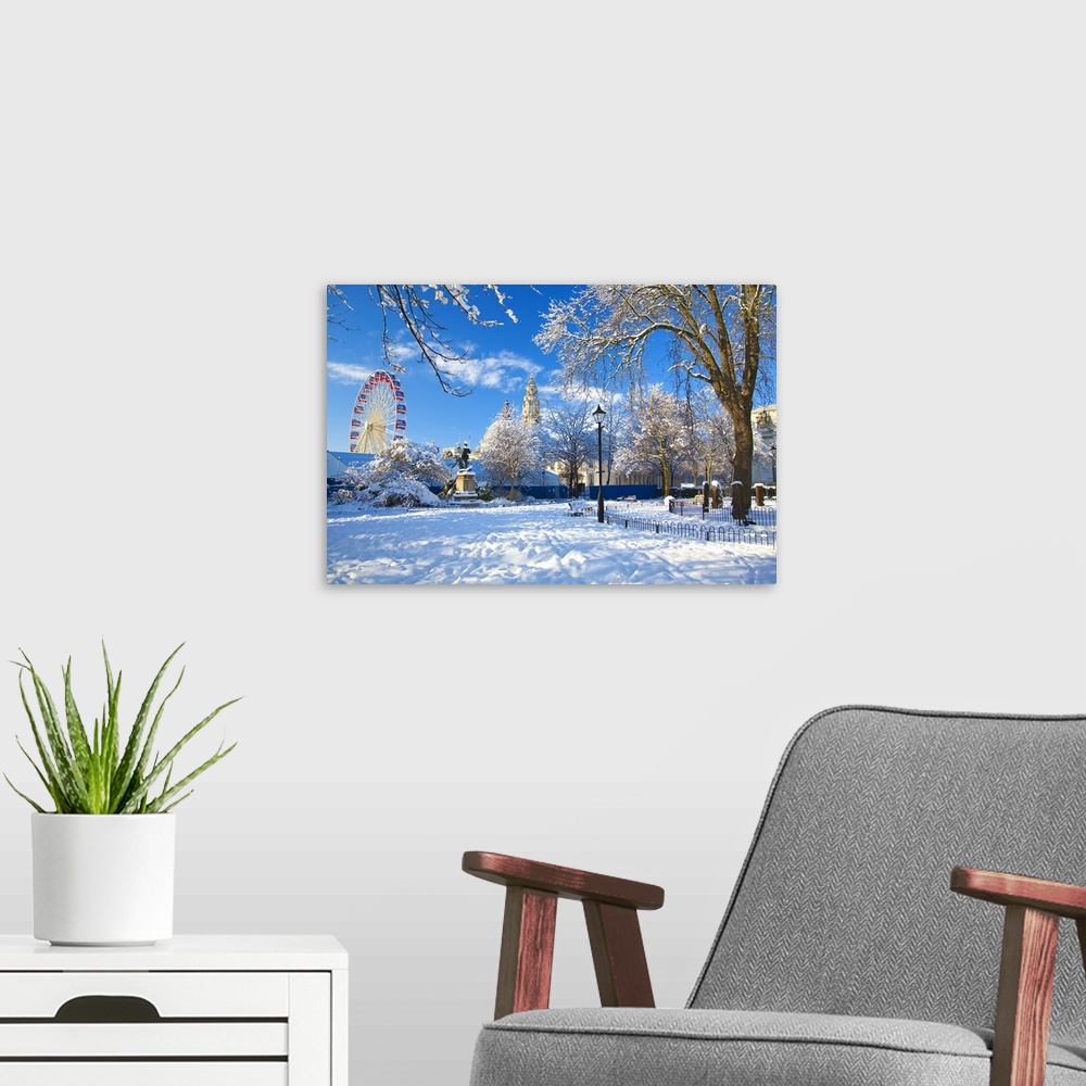 A modern room featuring City Hall, Cathays Park, Civic Centre in snow, Cardiff, Wales